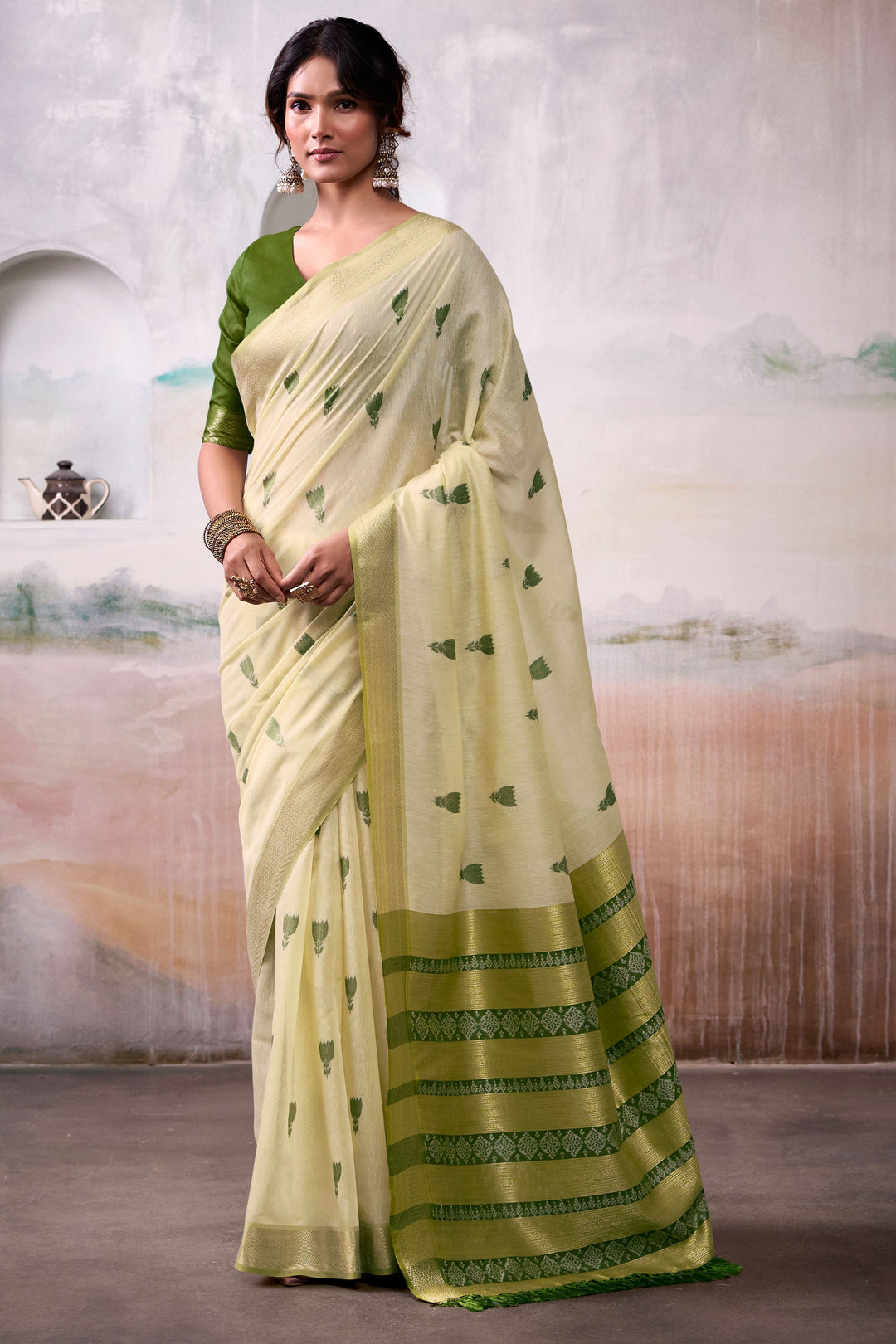 Weaving Work On Glamorous Cotton Silk Saree In Yellow Color | Buy Online India