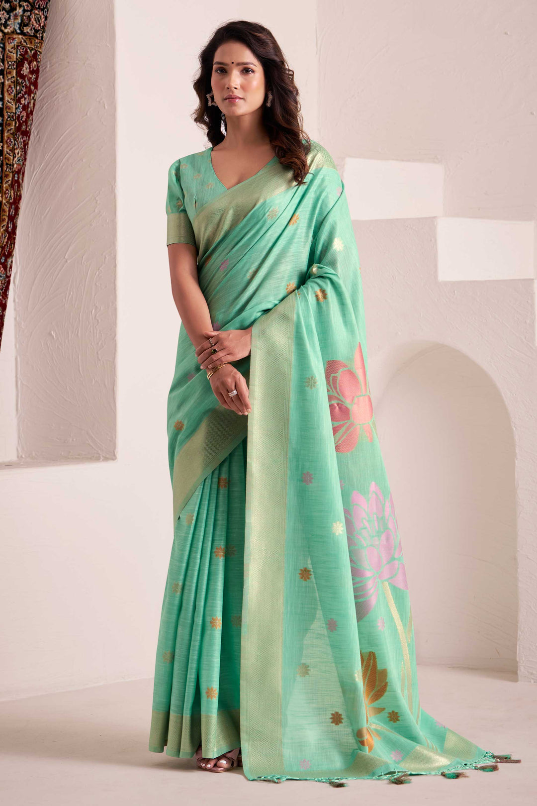 Jacquard Work On Linen Fabric Bewitching Saree In Cyan Color | Buy Online India