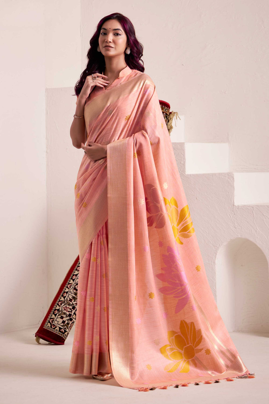 Linen Fabric Peach Color Riveting Saree With Jacquard Work | Buy Online India