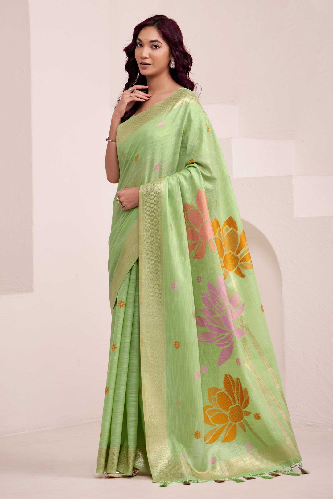 Linen Fabric Sea Green Color Excellent Saree With Jacquard Work | Buy Online India