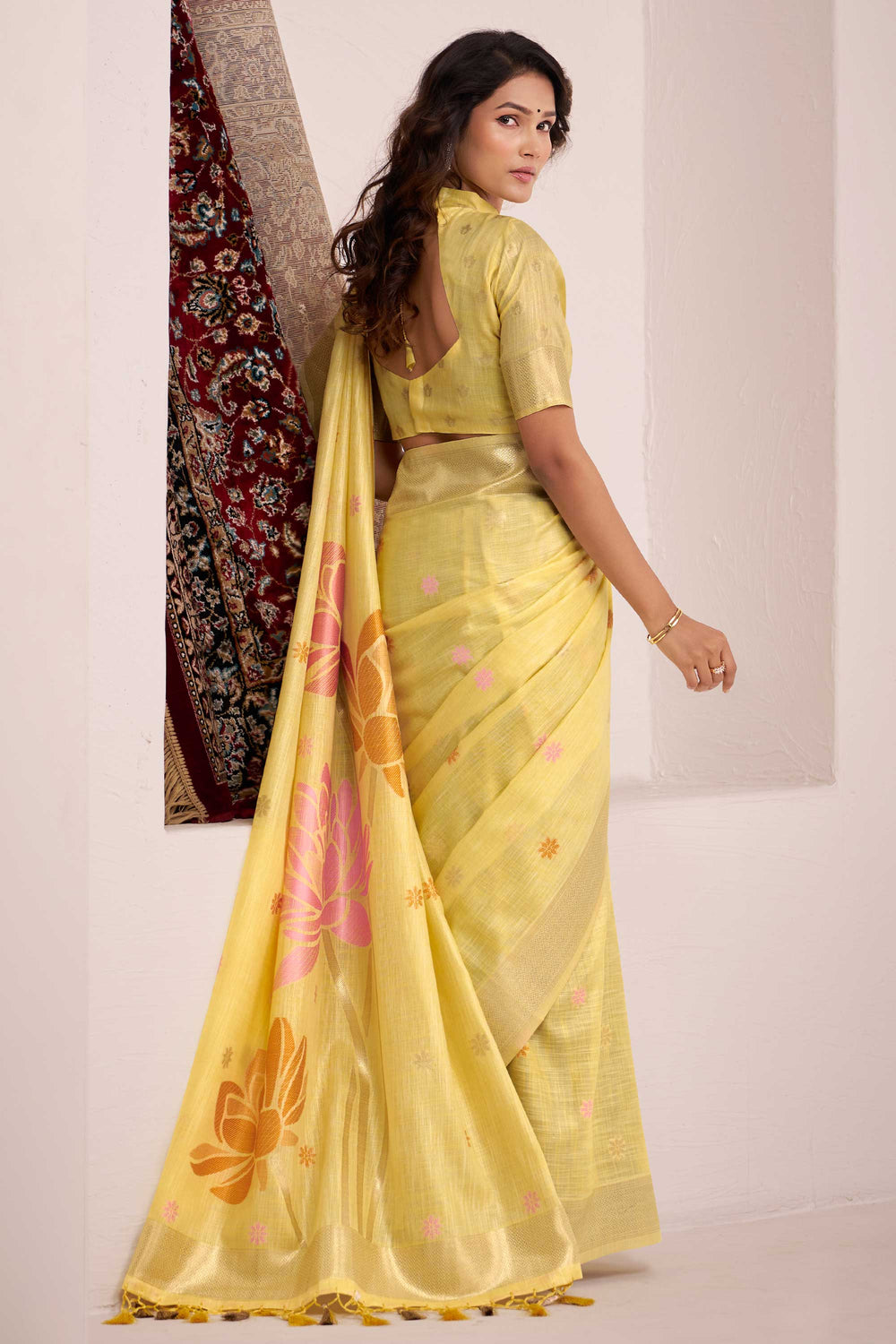 Linen Fabric Yellow Color Beautiful Saree With Jacquard Work | Buy Online India