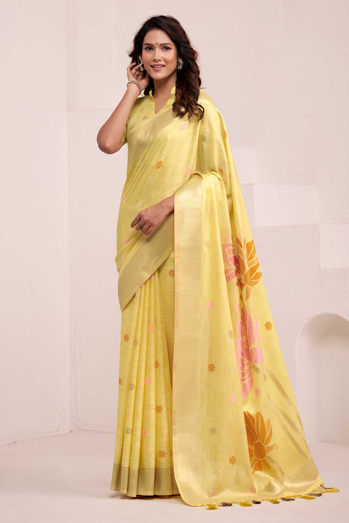 Linen Fabric Yellow Color Beautiful Saree With Jacquard Work | Buy Online India