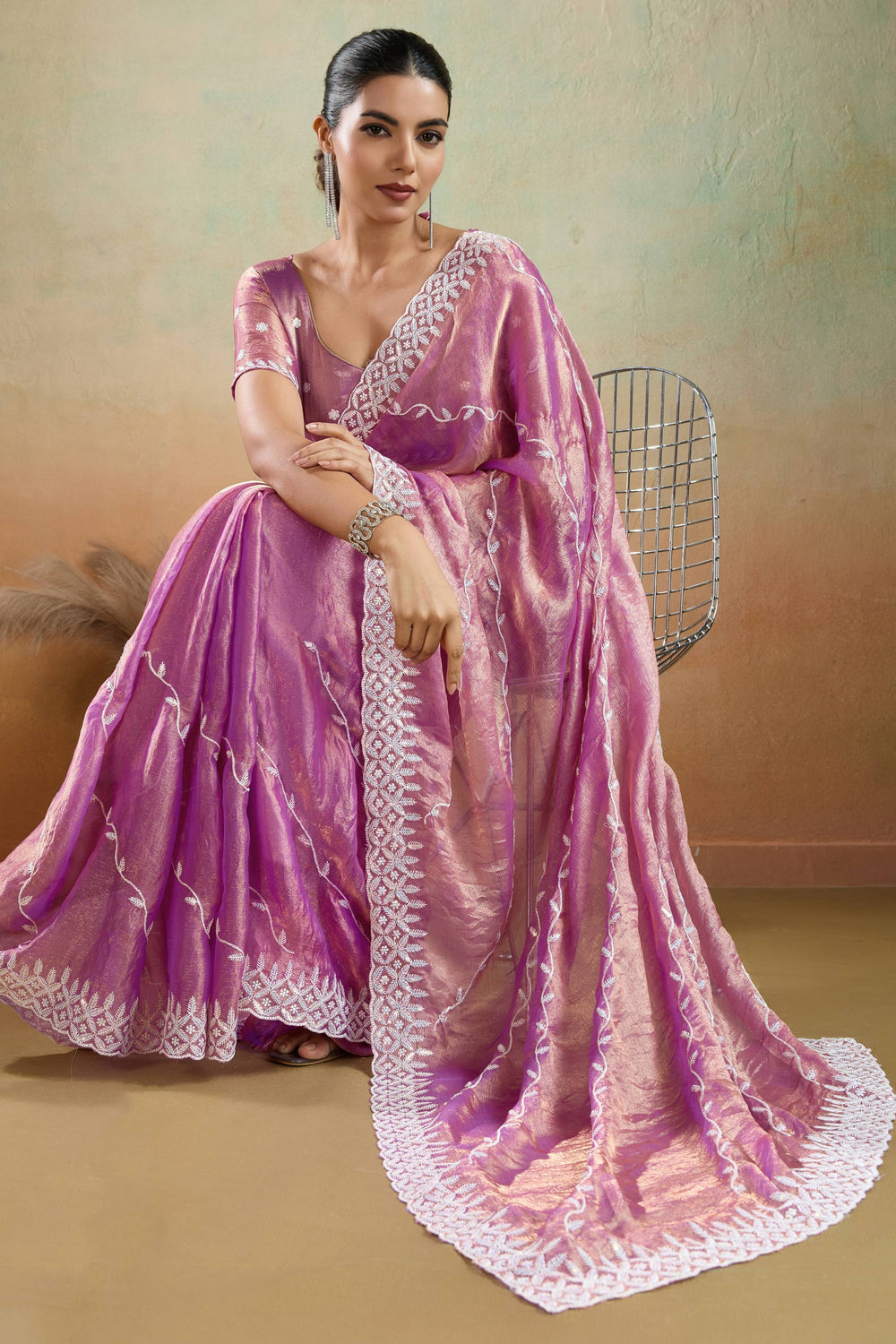 Pink Color Thread Sequins Work Tissue Fabric Saree | Buy Online India