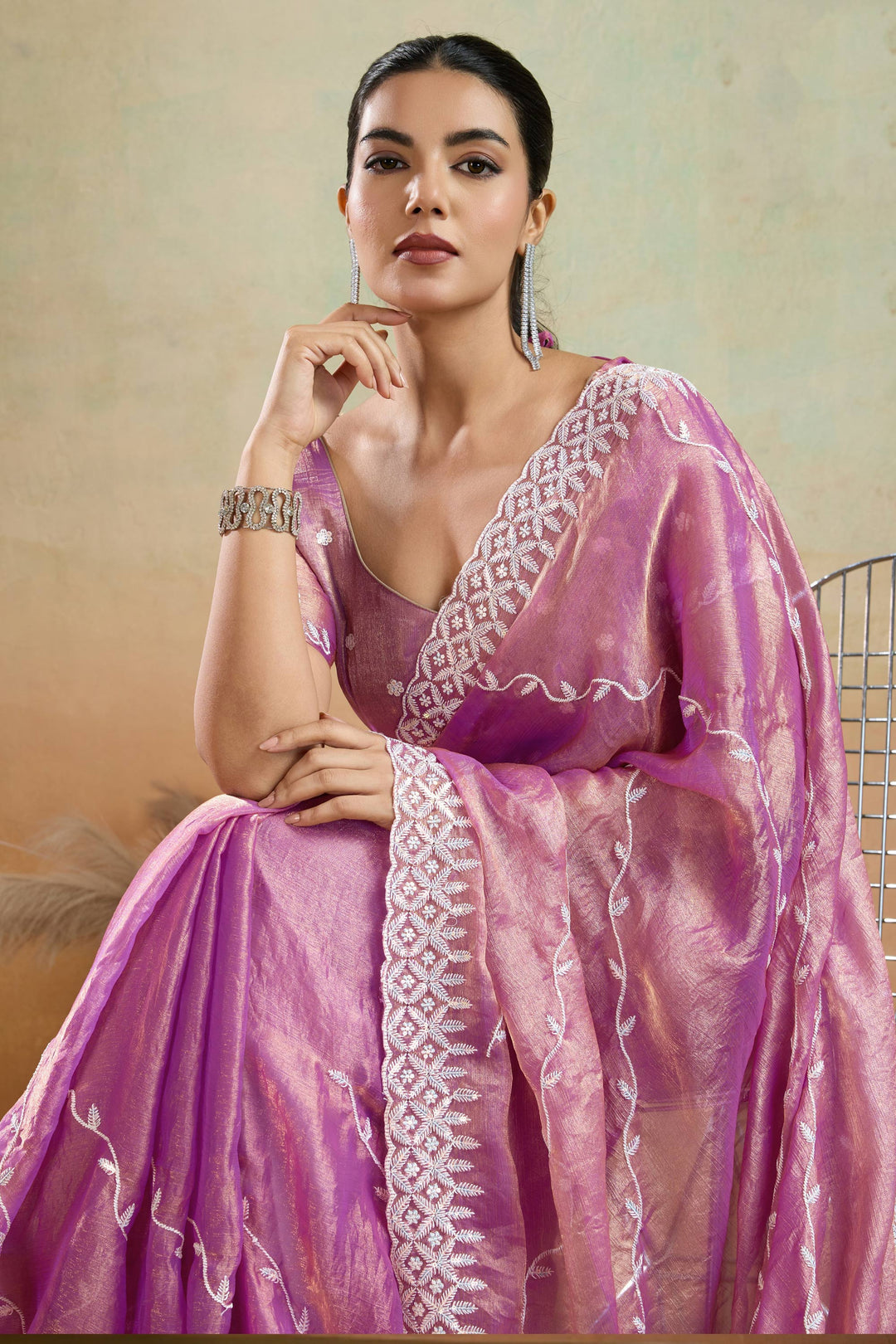 Pink Color Thread Sequins Work Tissue Fabric Saree | Buy Online India