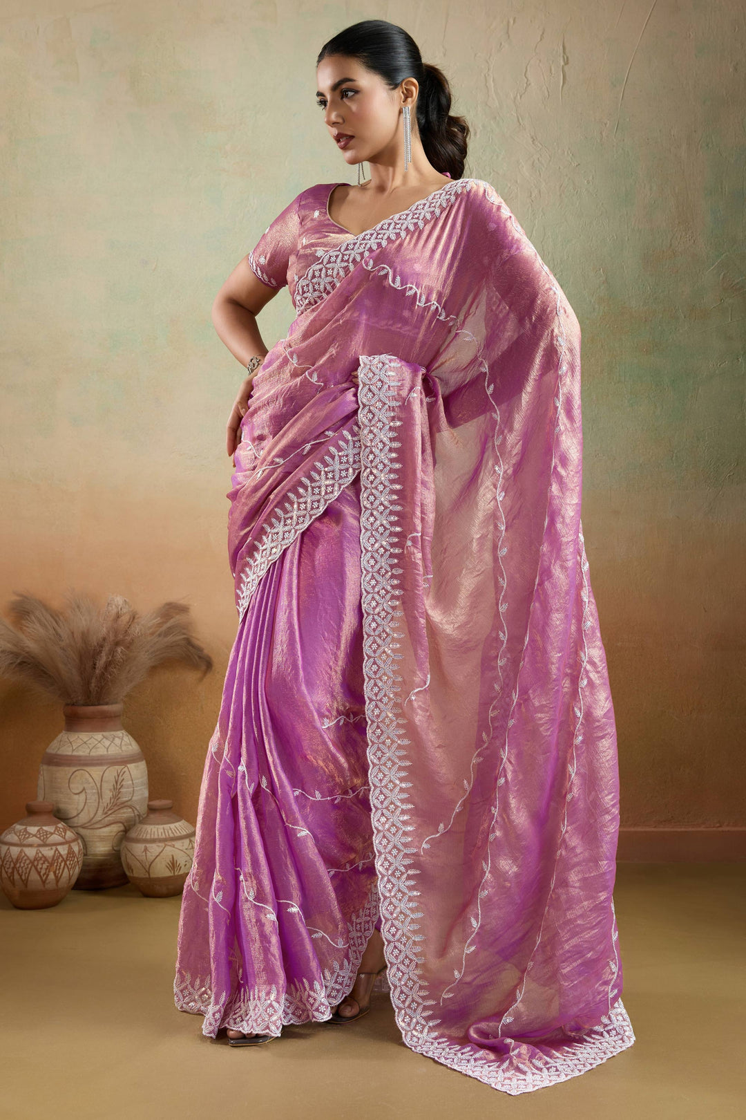 Pink Color Thread Sequins Work Tissue Fabric Saree | Buy Online India