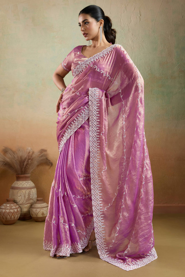 Pink Color Thread Sequins Work Tissue Fabric Saree | Buy Online India