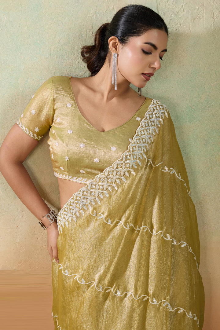 Tissue Fabric Thread Sequins Work Yellow Color Saree | Buy Online India