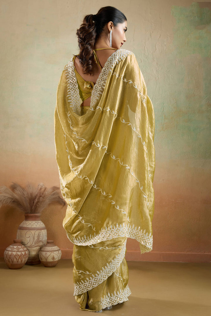 Tissue Fabric Thread Sequins Work Yellow Color Saree | Buy Online India