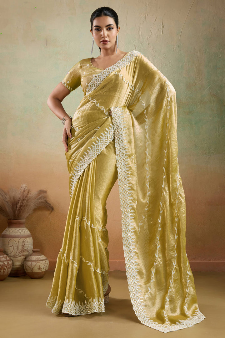 Tissue Fabric Thread Sequins Work Yellow Color Saree | Buy Online India