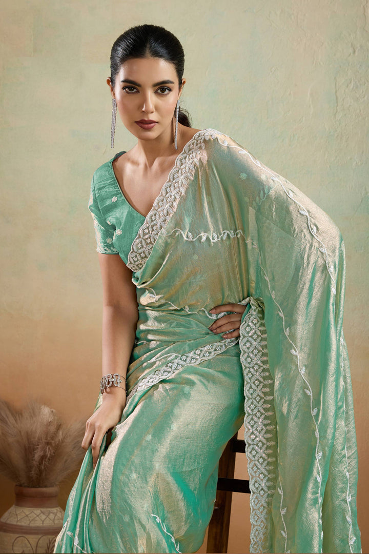Green Color Tissue Fabric Saree With Thread Sequins Work | Buy Online India