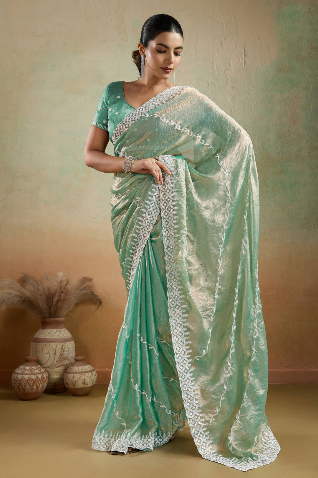 Green Color Tissue Fabric Saree With Thread Sequins Work | Buy Online India