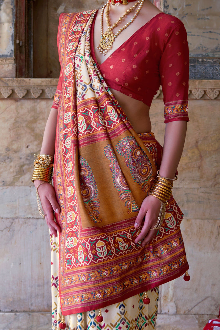 Off White Color Art Silk Fabric Engaging Patola Printed Saree | Buy Online India