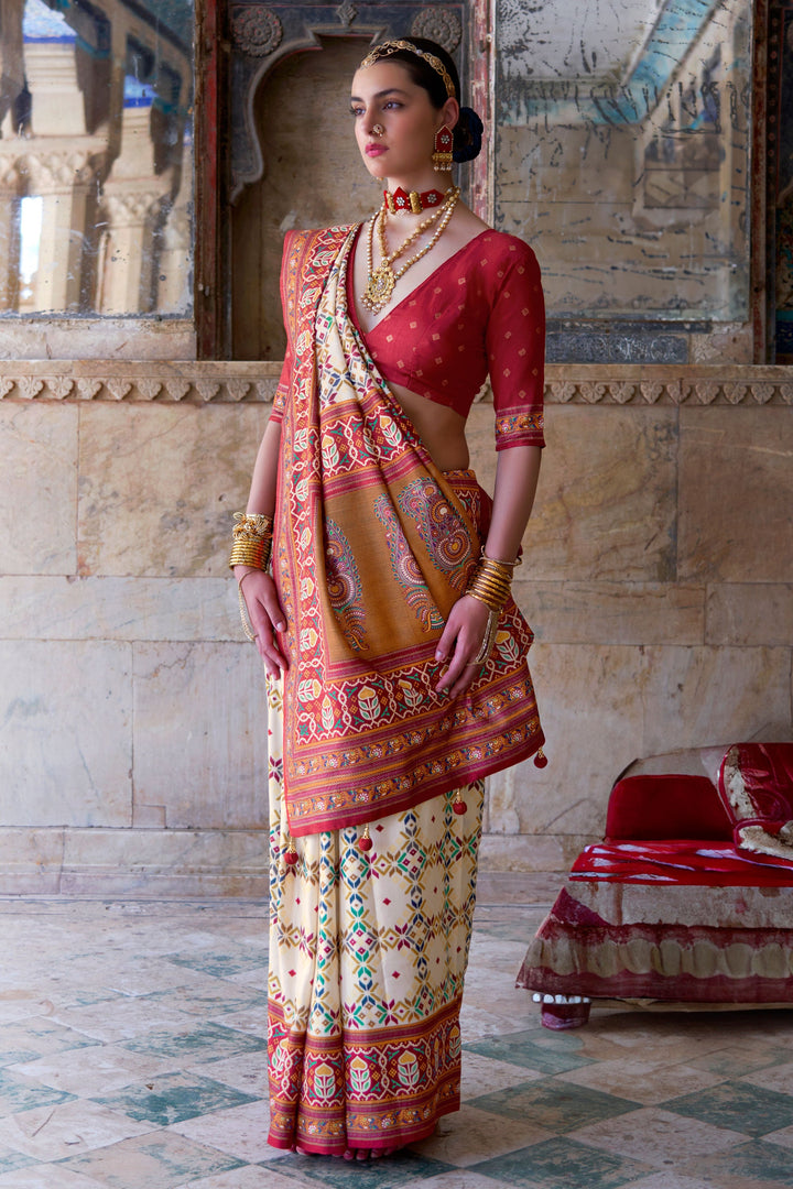 Off White Color Art Silk Fabric Engaging Patola Printed Saree | Buy Online India