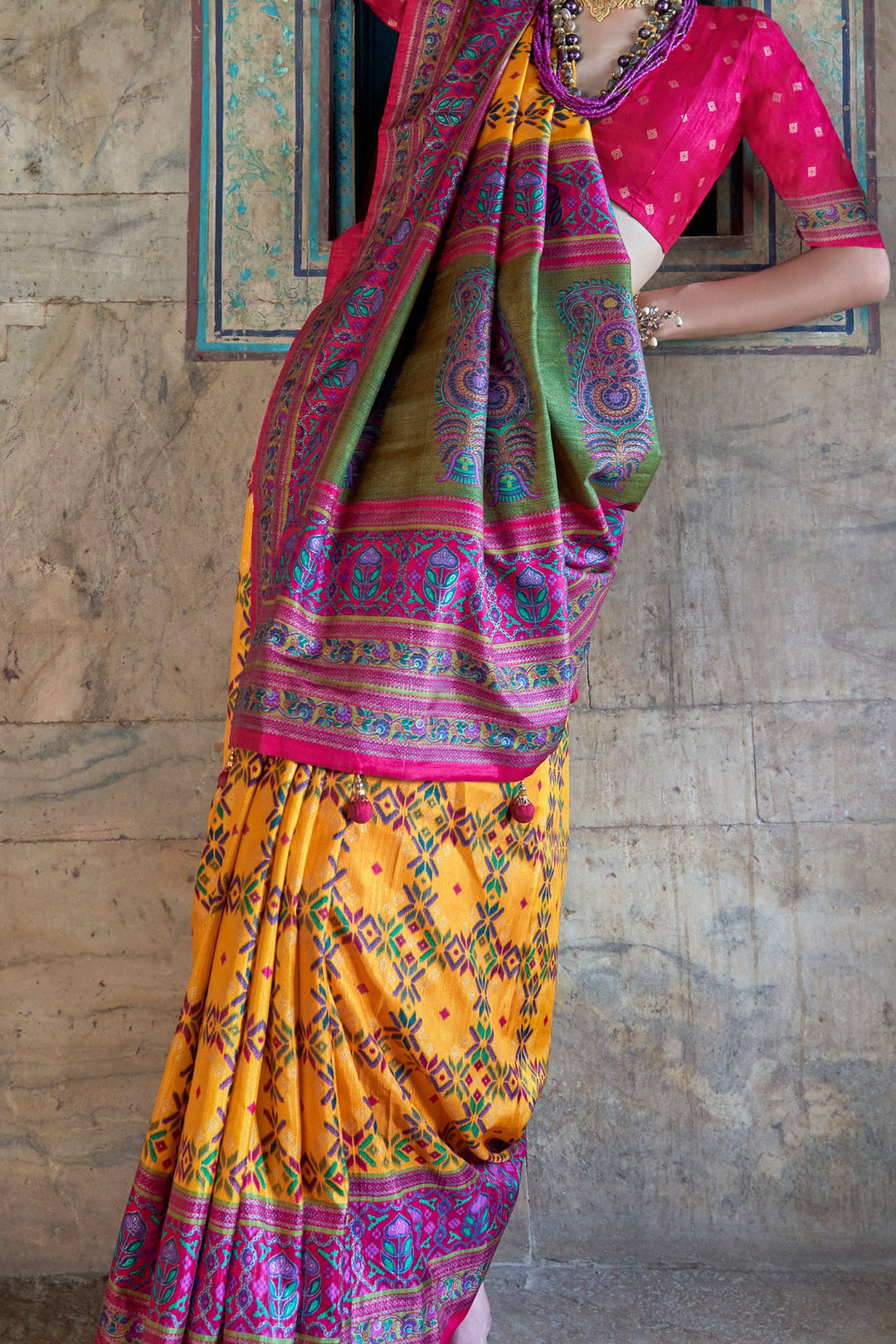 Yellow Color Sober Patola Printed Saree In Art Silk Fabric | Buy Online India