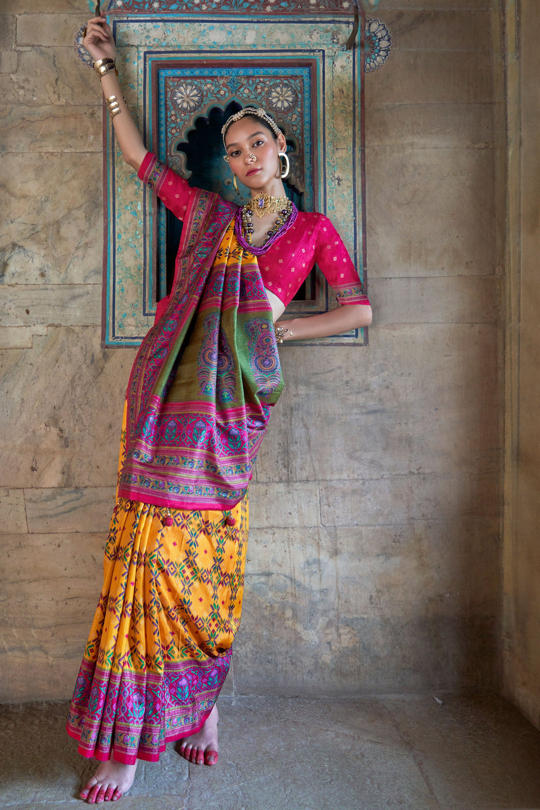 Yellow Color Sober Patola Printed Saree In Art Silk Fabric | Buy Online India