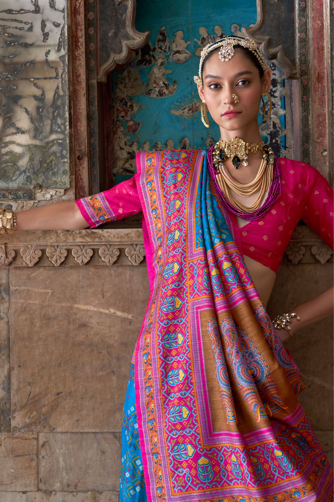 Excellent Art Silk Fabric Patola Printed Saree In Cyan Color | Buy Online India
