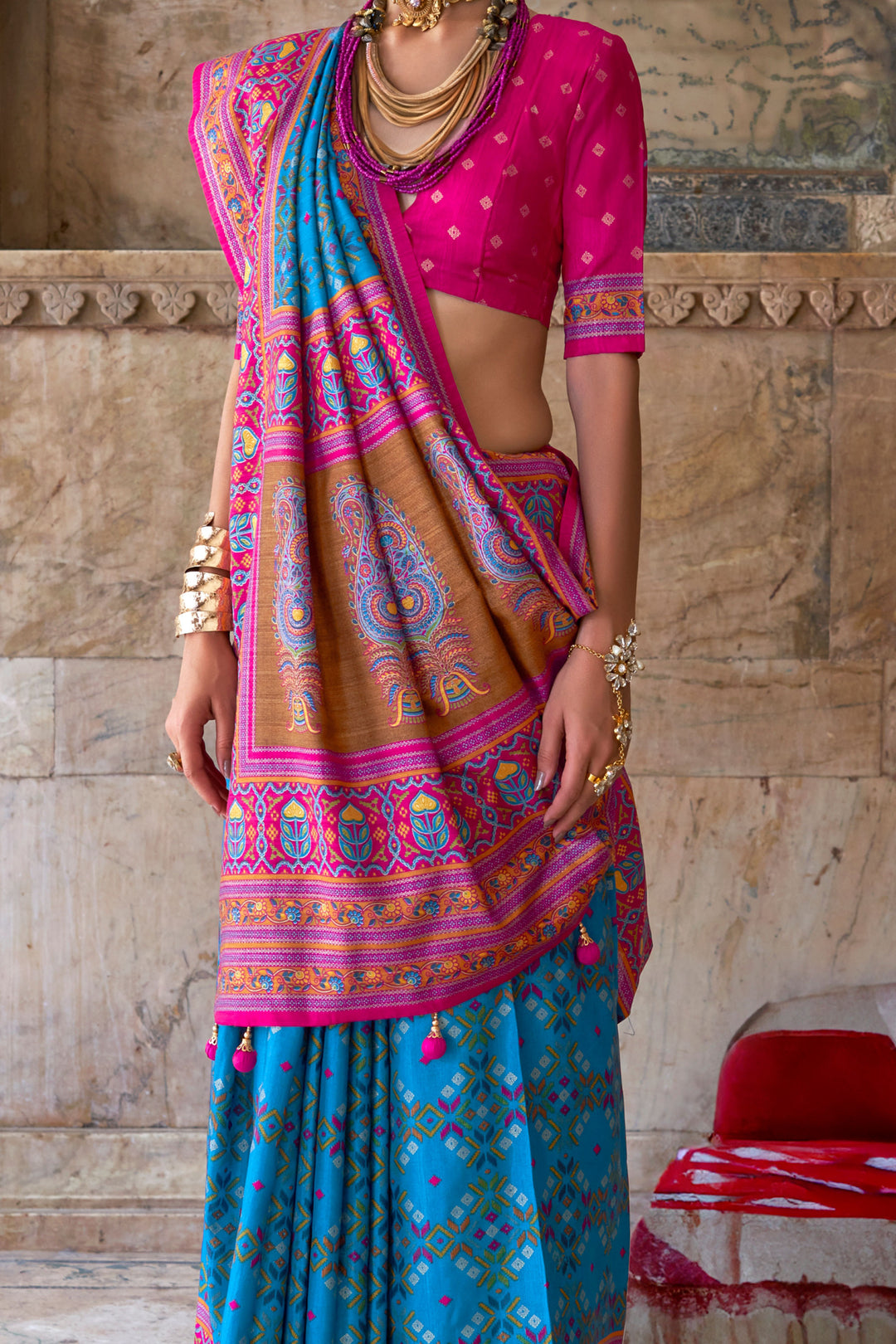 Excellent Art Silk Fabric Patola Printed Saree In Cyan Color | Buy Online India