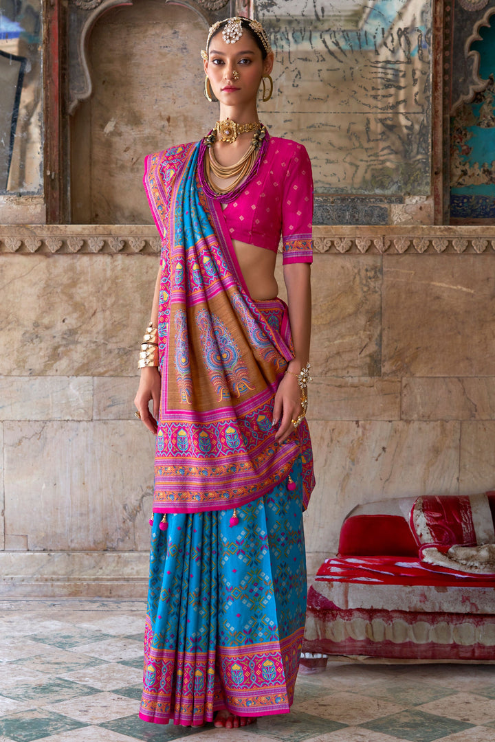 Excellent Art Silk Fabric Patola Printed Saree In Cyan Color | Buy Online India