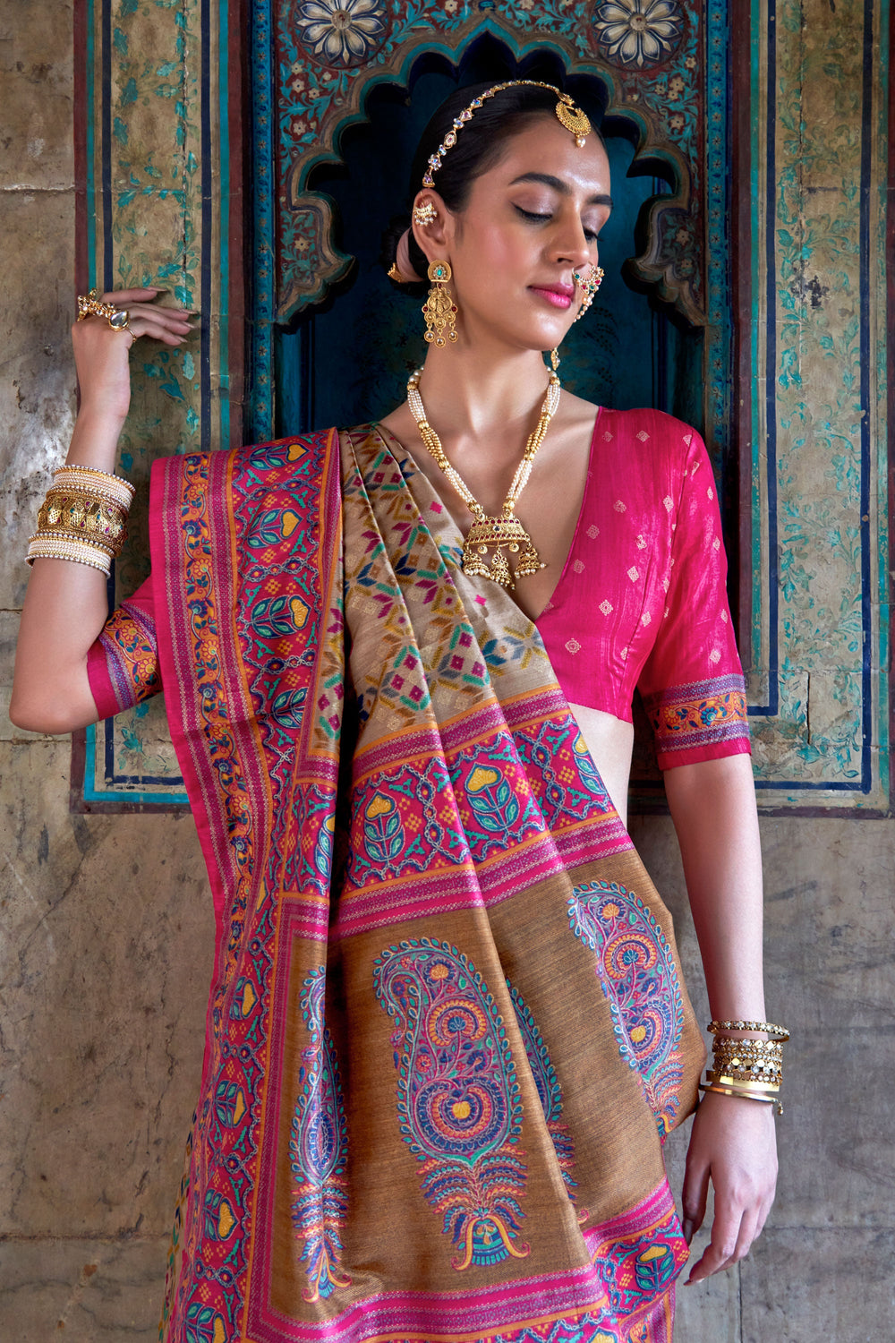 Beige Color Art Silk Fabric Stunning Patola Printed Saree | Buy Online India
