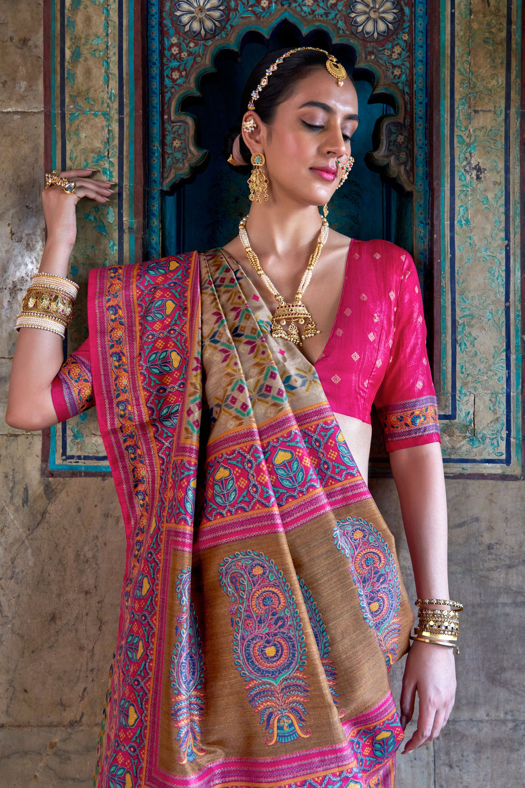 Beige Color Art Silk Fabric Stunning Patola Printed Saree | Buy Online India