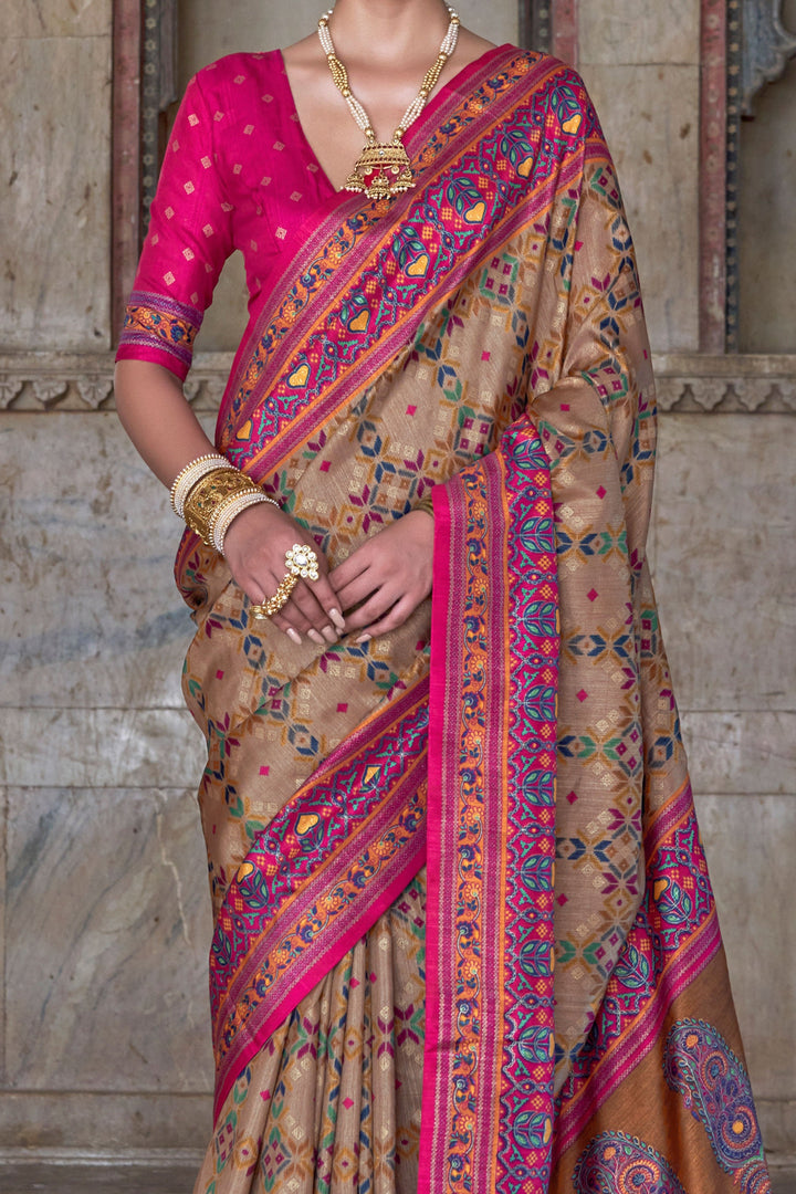 Beige Color Art Silk Fabric Stunning Patola Printed Saree | Buy Online India