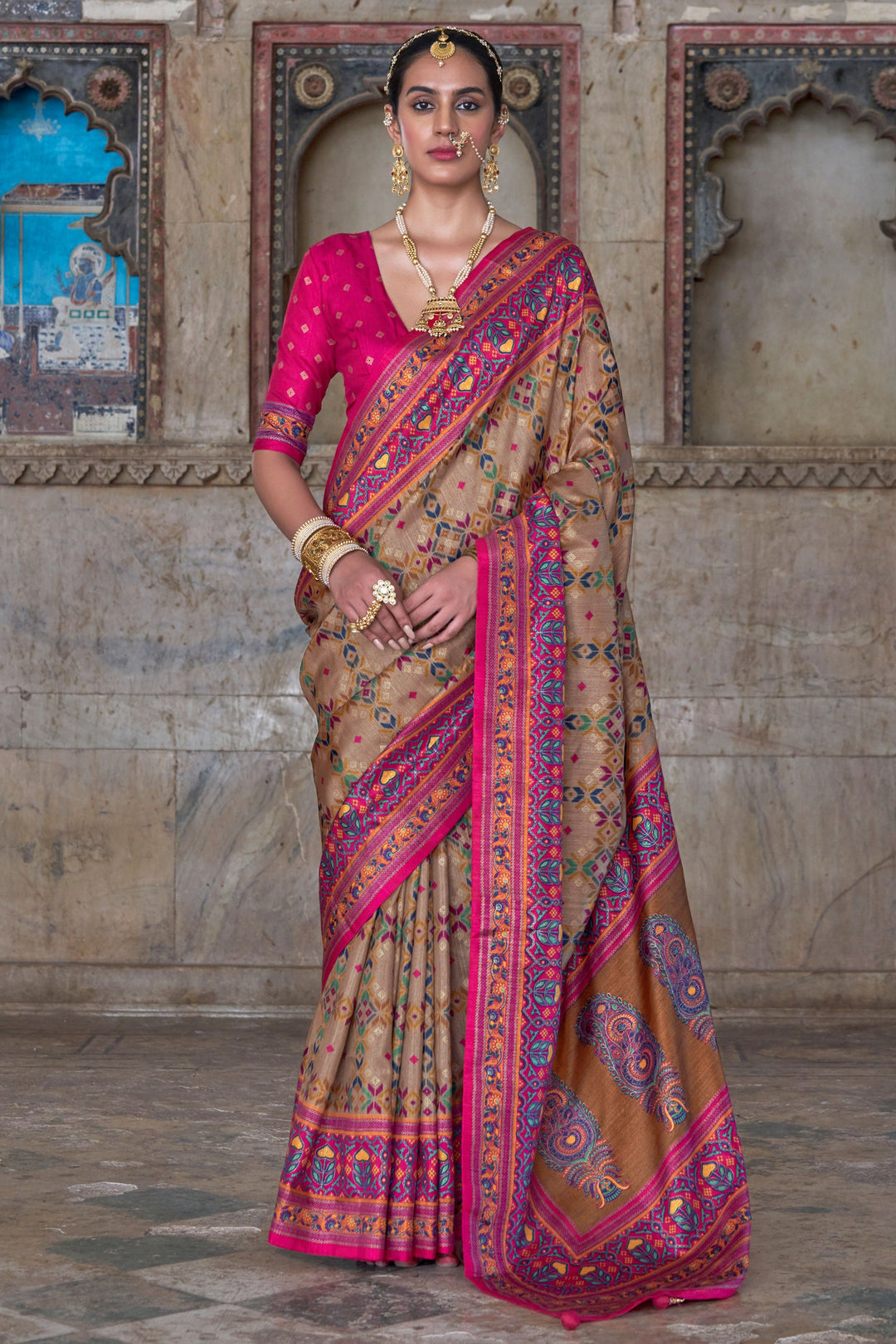 Beige Color Art Silk Fabric Stunning Patola Printed Saree | Buy Online India
