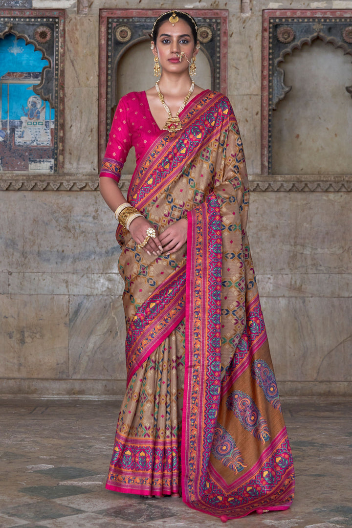 Beige Color Art Silk Fabric Stunning Patola Printed Saree | Buy Online India