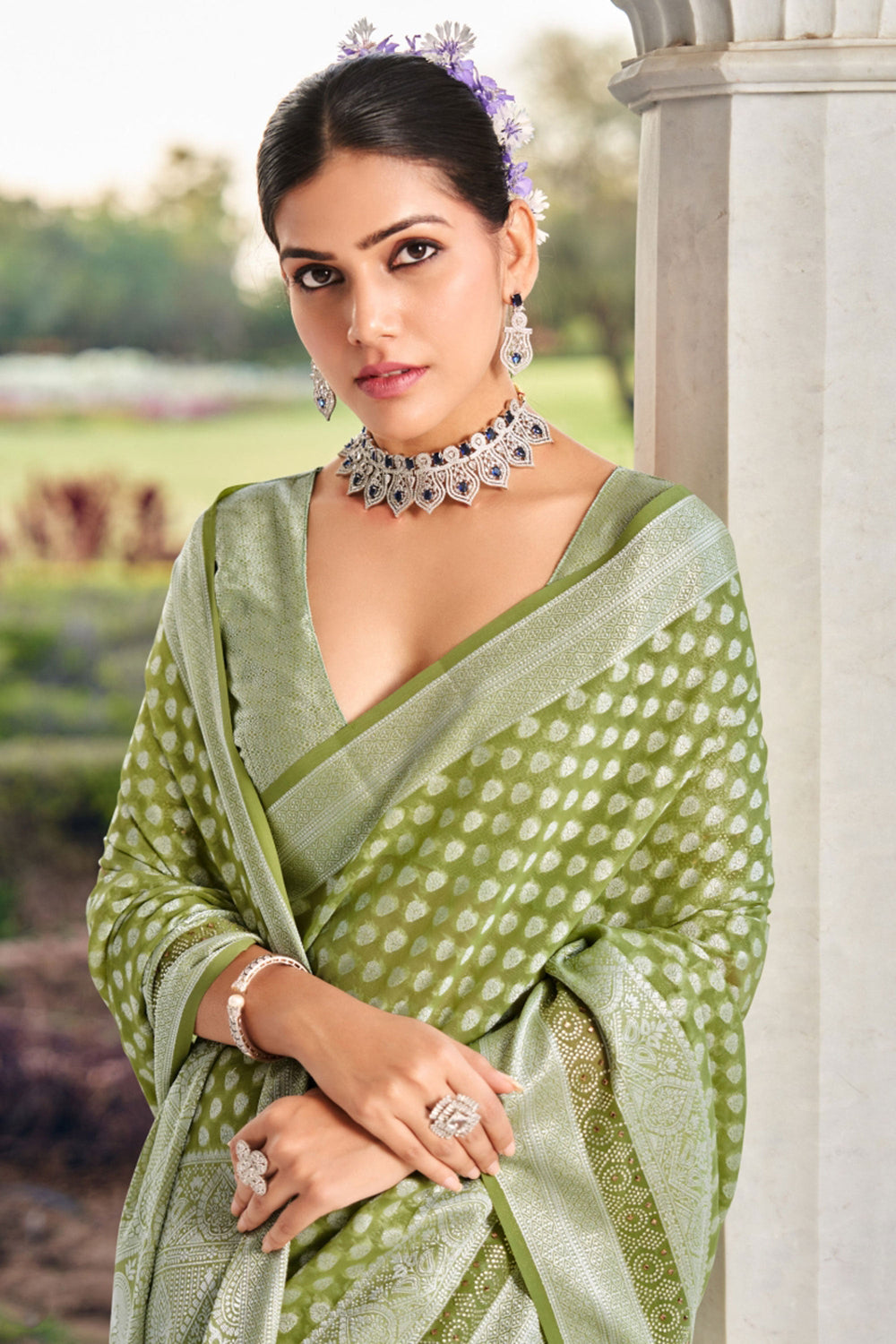 Weaving Work On Sea Green Color Georgette Fabric Princely Saree | Buy Online India
