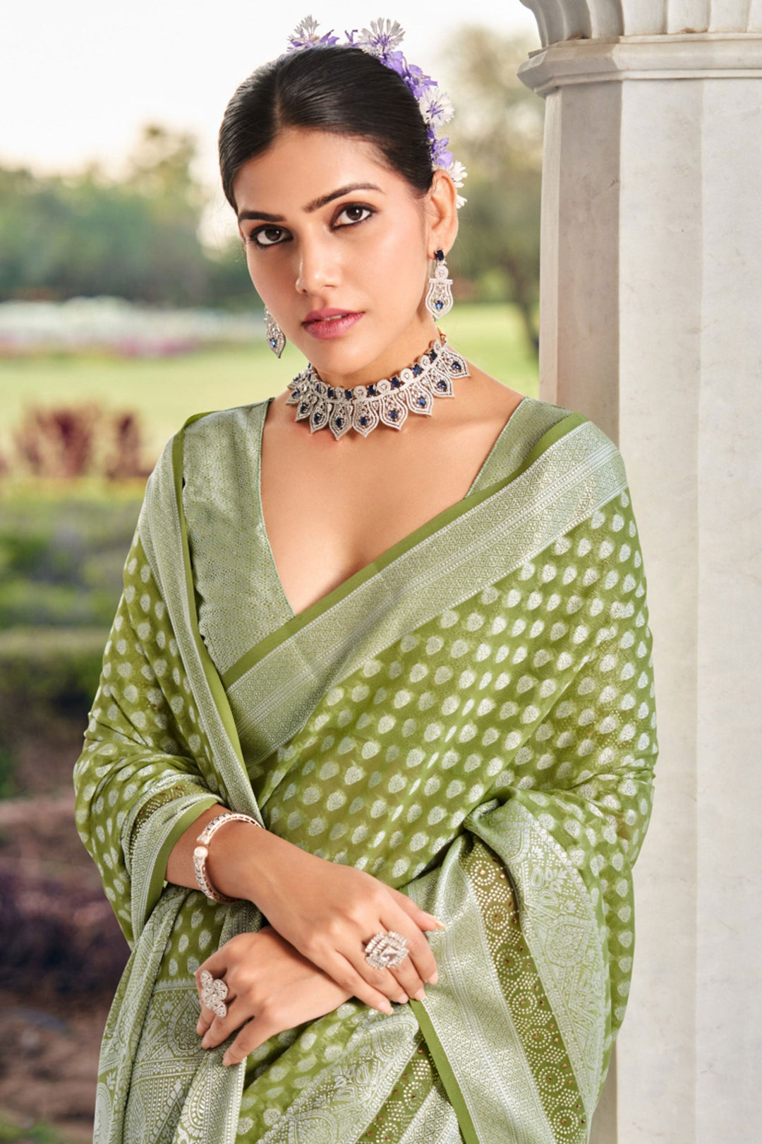 Weaving Work On Sea Green Color Georgette Fabric Princely Saree | Buy Online India