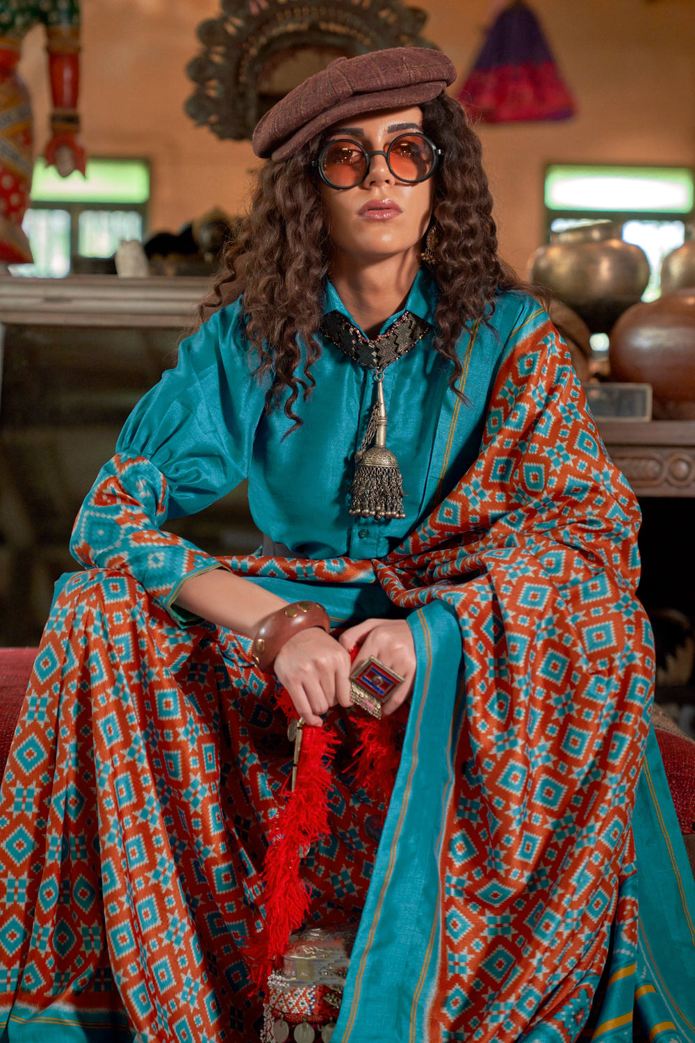 Heavy Art Silk Fabric Patola Printed Rust Color Saree | Buy Online India