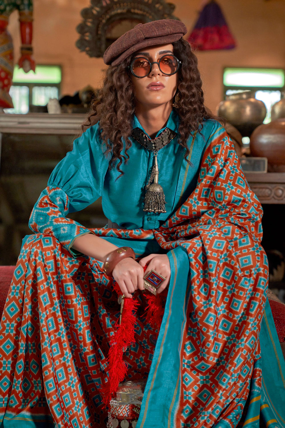 Heavy Art Silk Fabric Patola Printed Rust Color Saree | Buy Online India