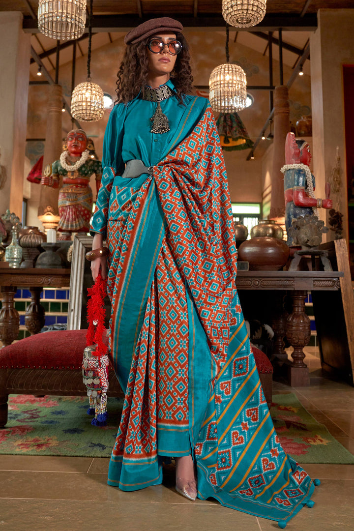 Heavy Art Silk Fabric Patola Printed Rust Color Saree | Buy Online India