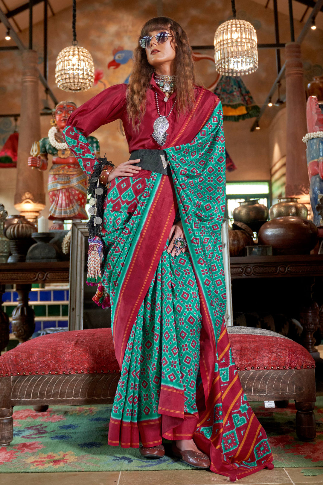 Sea Green Color Exquisite Patola Printed Saree In Art Silk Fabric | Buy Online India