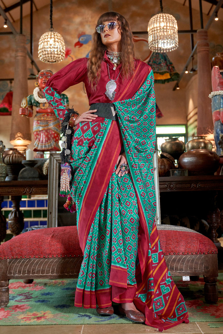 Sea Green Color Exquisite Patola Printed Saree In Art Silk Fabric | Buy Online India