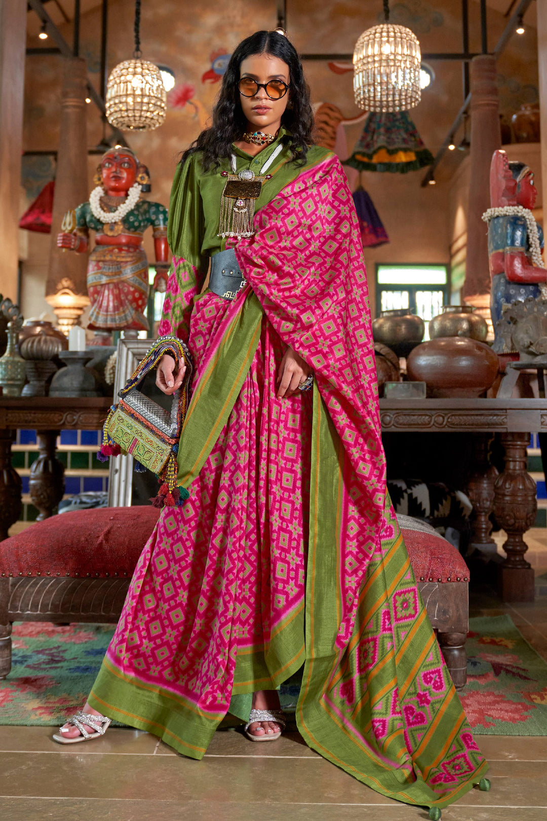 Attrective Art Silk Fabric Rani Color Patola Printed Saree | Buy Online India