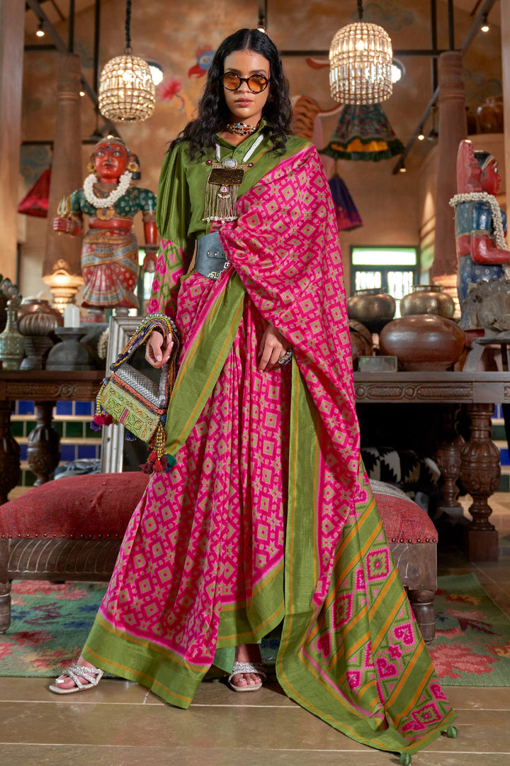 Attrective Art Silk Fabric Rani Color Patola Printed Saree | Buy Online India