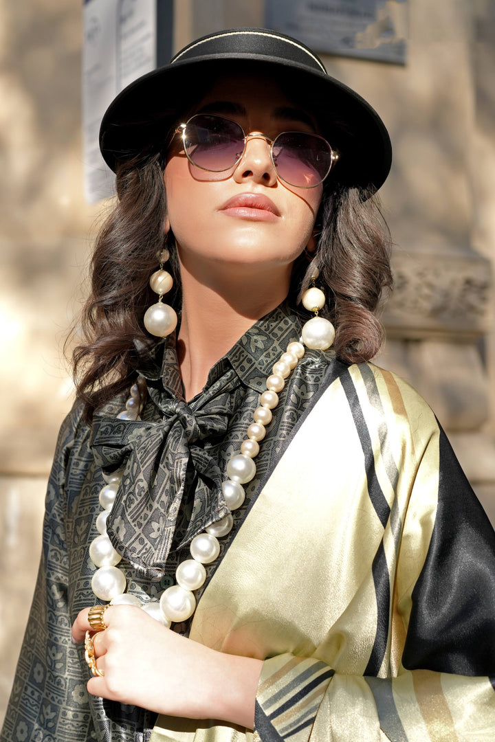 Excellent Satin Fabric Cream Color Saree With Digital Printed Work | Buy Online India