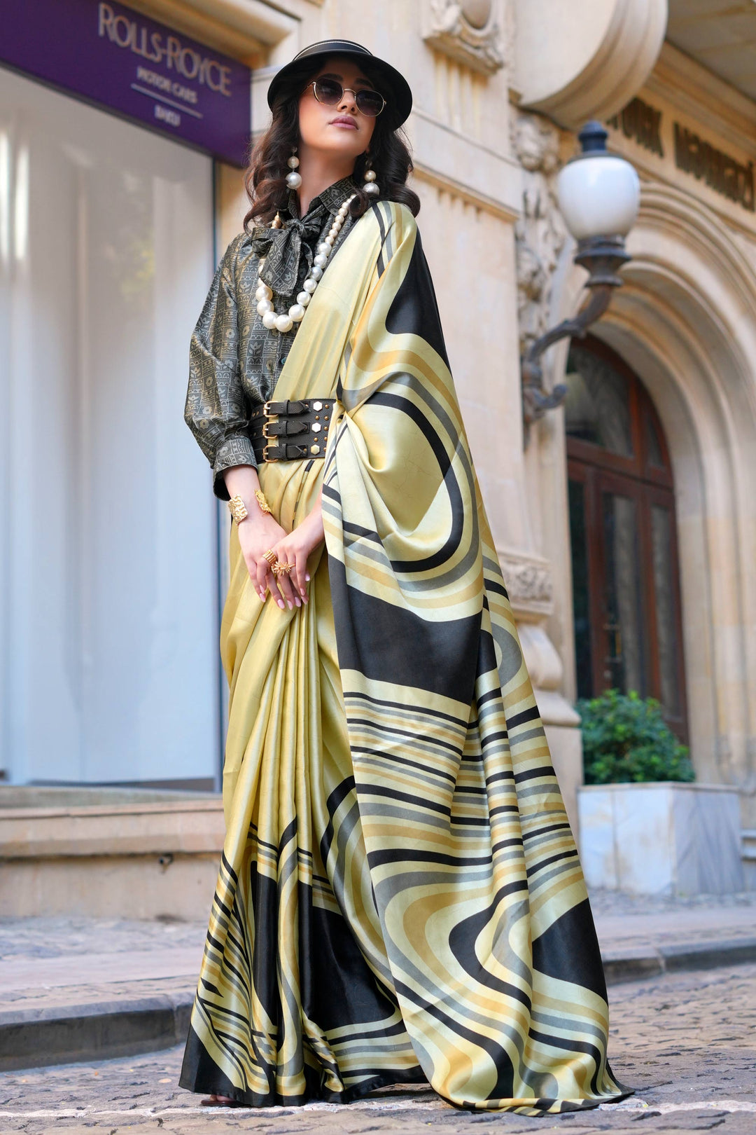 Excellent Satin Fabric Cream Color Saree With Digital Printed Work | Buy Online India