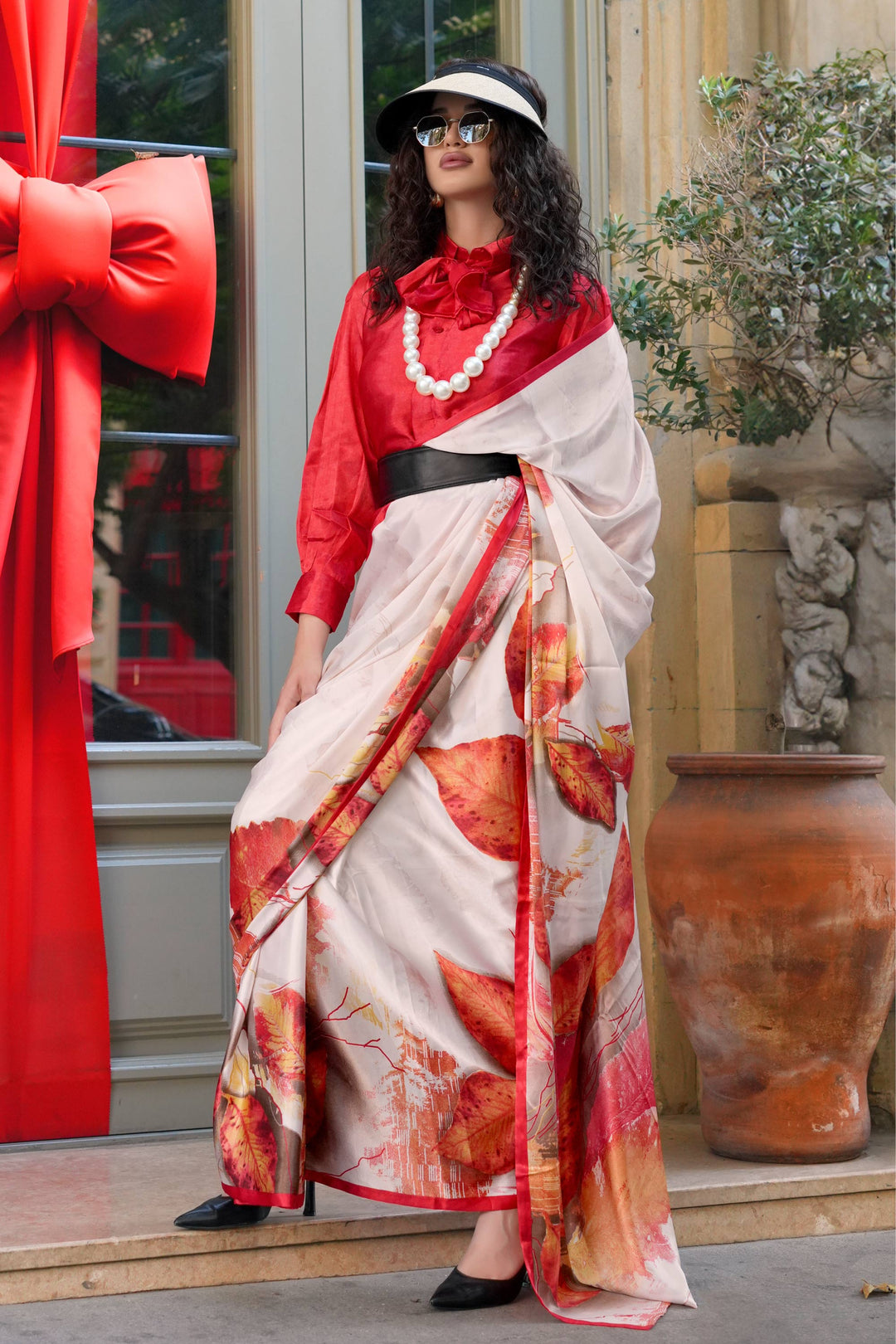 Embellished Digital Printed Work On Off White Color Satin Fabric Saree | Buy Online India