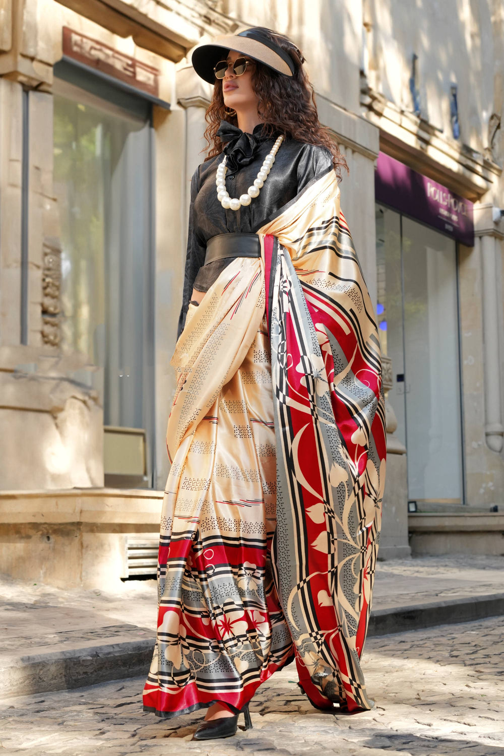 Awesome Digital Printed Work On Satin Fabric Beige Color Saree | Buy Online India
