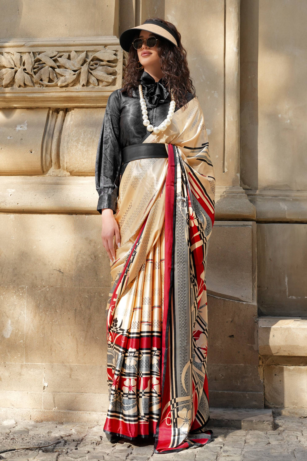 Awesome Digital Printed Work On Satin Fabric Beige Color Saree | Buy Online India