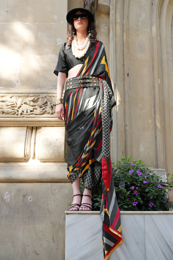 Engaging Black Color Satin Fabric Saree With Digital Printed Work | Buy Online India