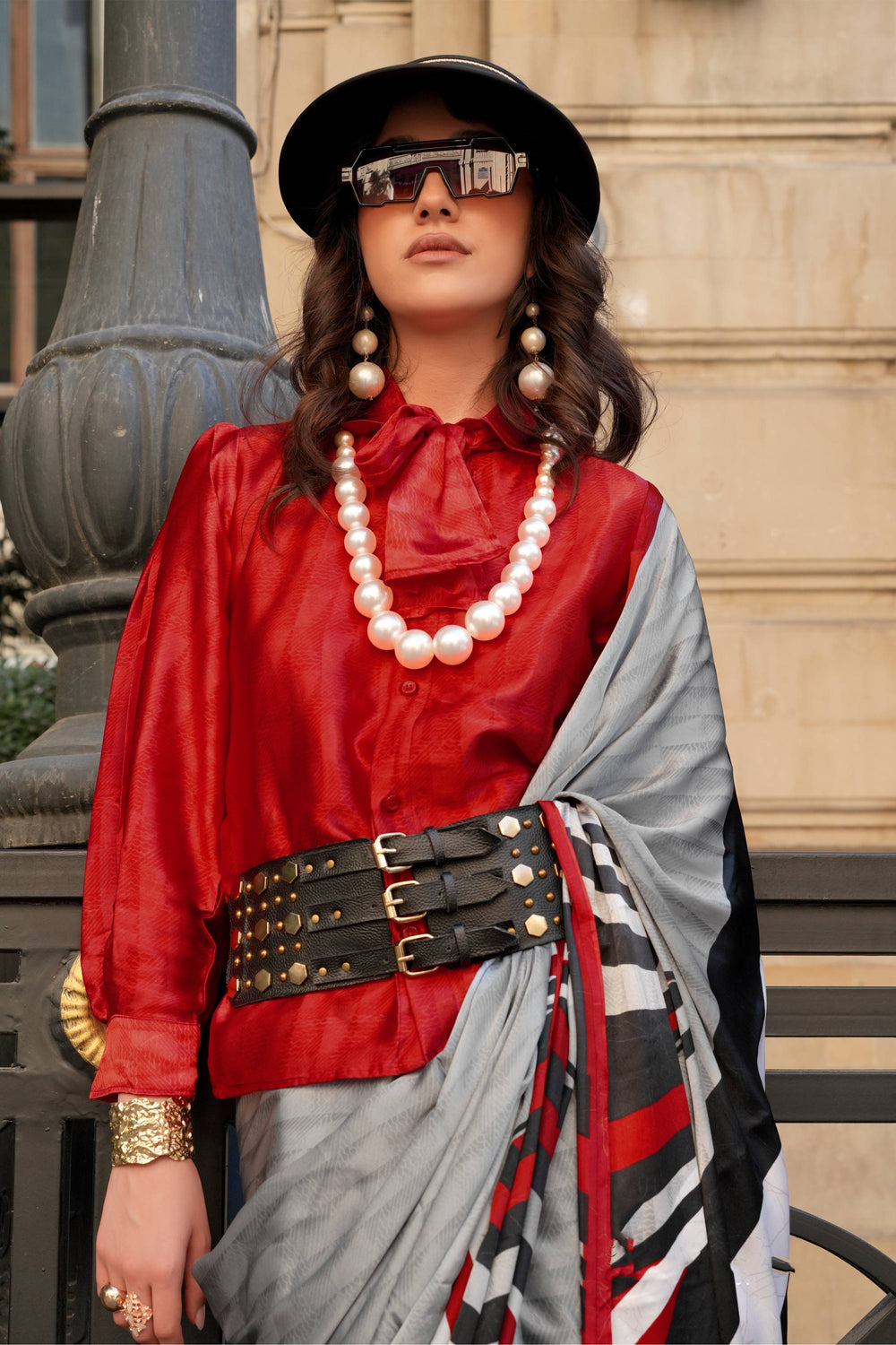 Digital Printed Work On Grey Color Gorgeous Saree In Satin Fabric | Buy Online India