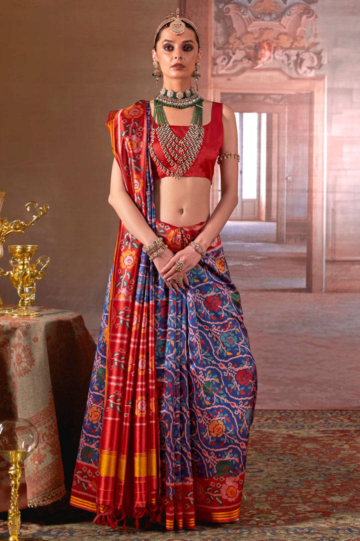 Awesome Art Silk Fabric Patola Printed Saree In Blue Color | Buy Online India