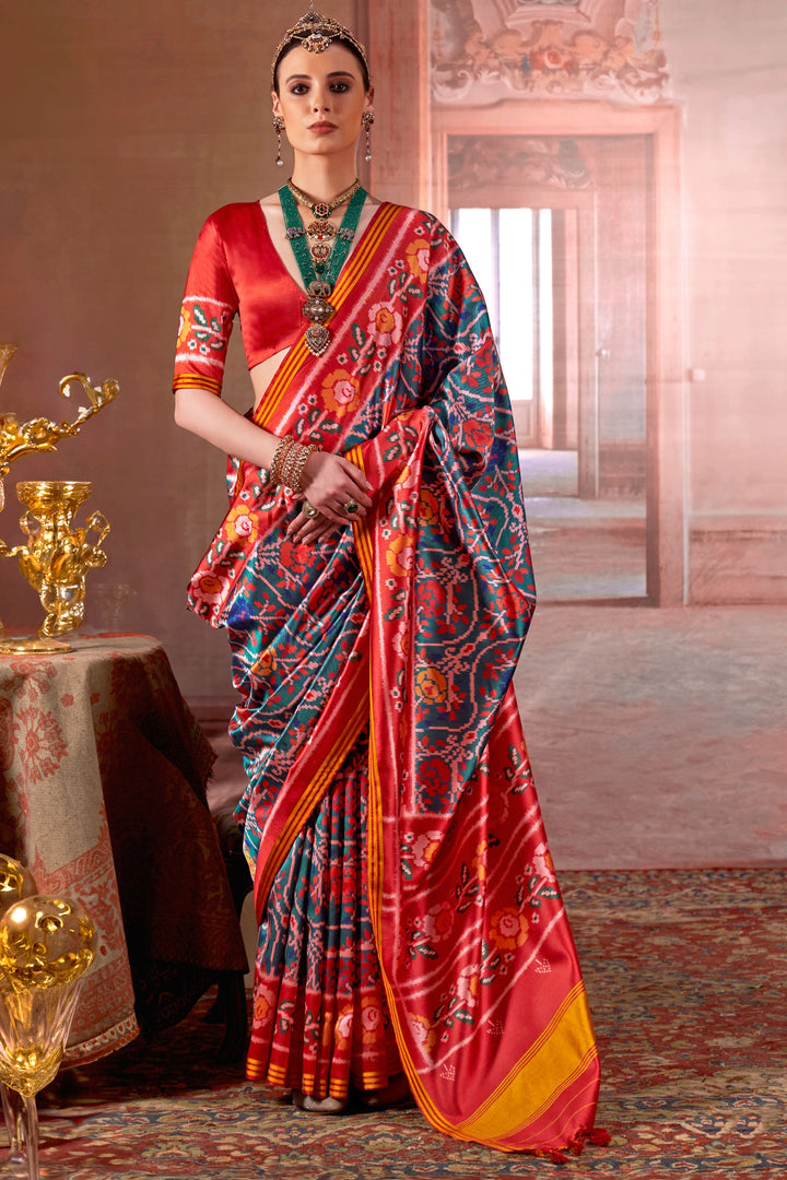 Teal Color Fantastic Art Silk Fabric Patola Printed Saree | Buy Online India