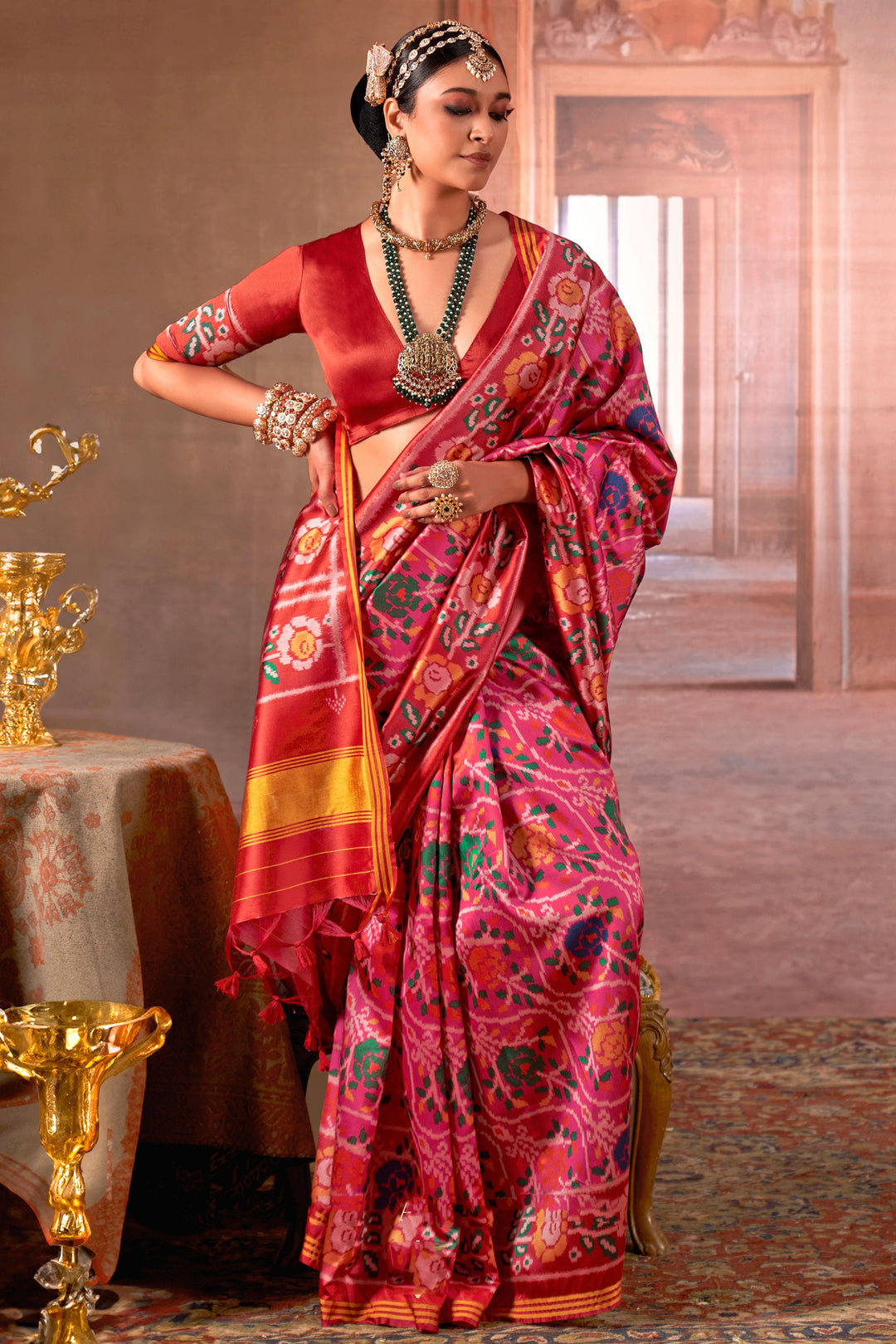 Appealing Art Silk Fabric Patola Printed Saree In Pink Color | Buy Online India