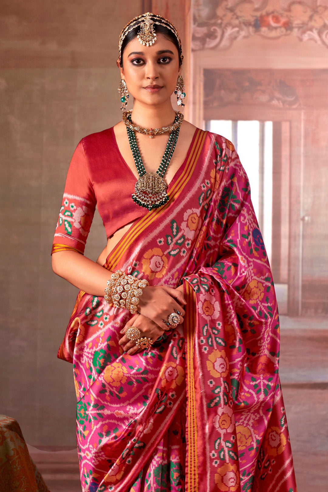 Appealing Art Silk Fabric Patola Printed Saree In Pink Color | Buy Online India