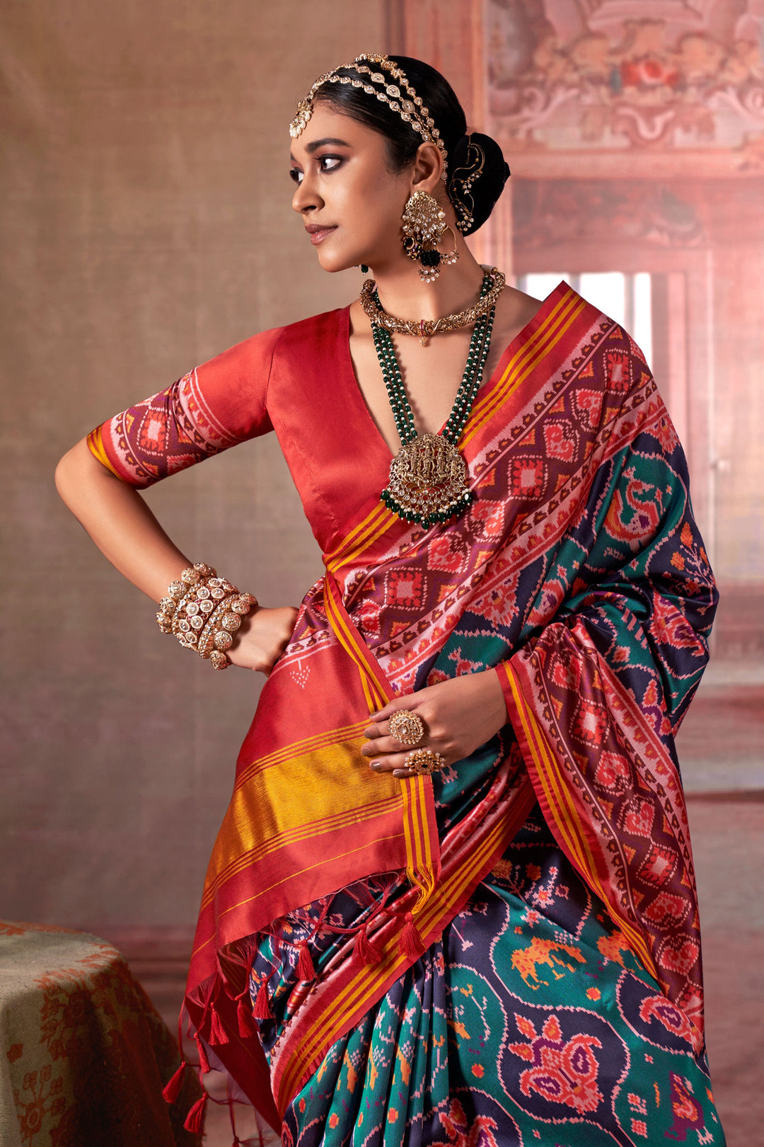 Trendy Art Silk Fabric Patola Printed Saree In Teal Color | Buy Online India