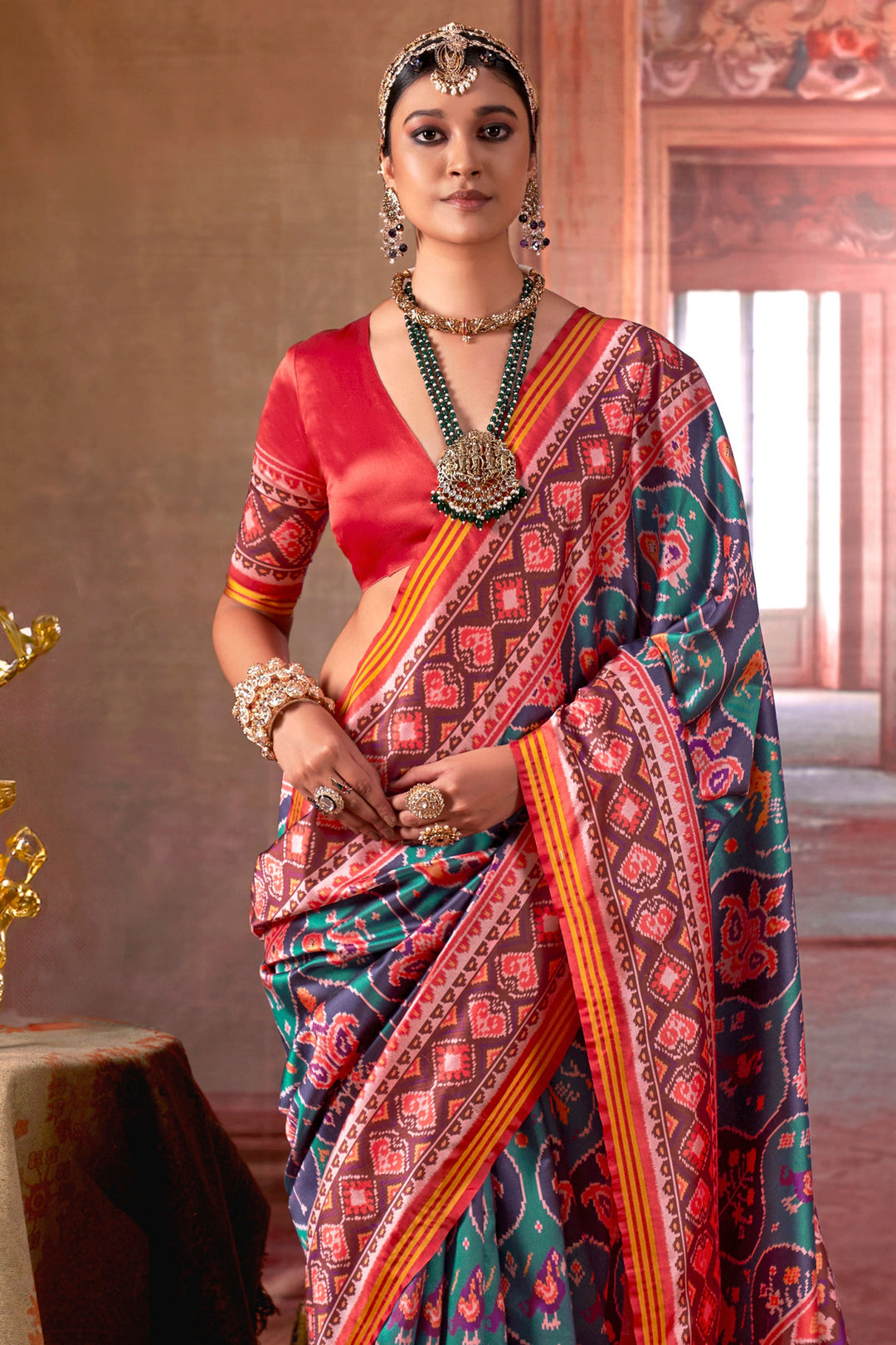 Trendy Art Silk Fabric Patola Printed Saree In Teal Color | Buy Online India