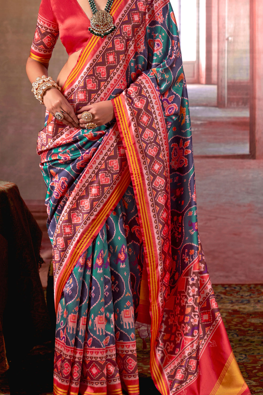 Trendy Art Silk Fabric Patola Printed Saree In Teal Color | Buy Online India